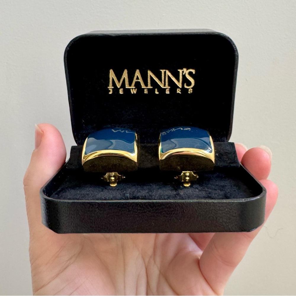 Vintage 80s C.M.Lent Gold & Navy Enamel Square Fashion Clip-On Earrings - Picture 10 of 16